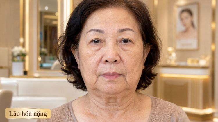 Lão hóa nặng khi da dư và mô mềm sa trễ rõ