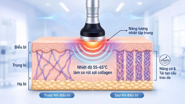 Sóng RF tạo nhiệt sâu giúp co rút collagen và tái cấu trúc da