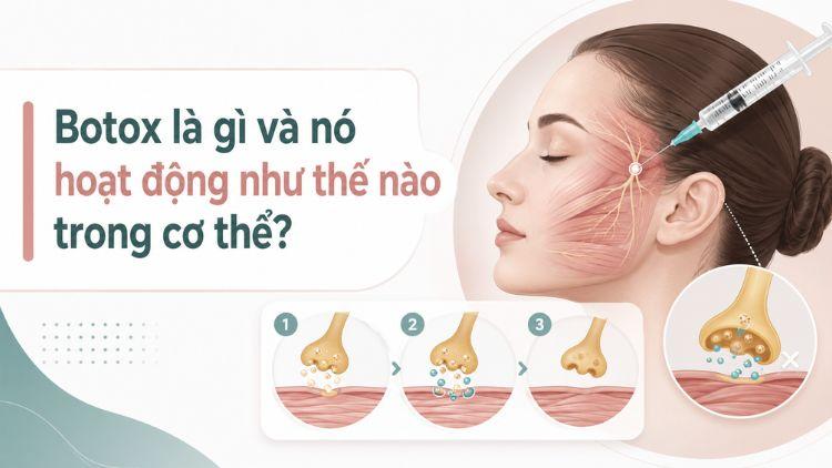 Minh hoạ cơ chế botox làm giảm hoạt động cơ mặt