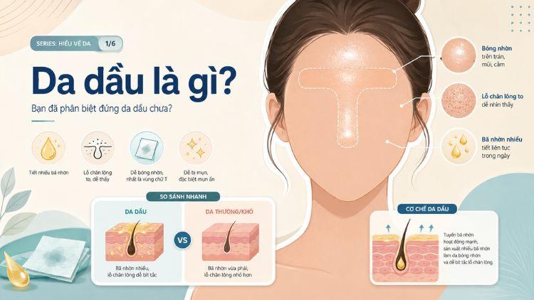 Da dầu với bề mặt bóng nhờn và lỗ chân lông rõ
