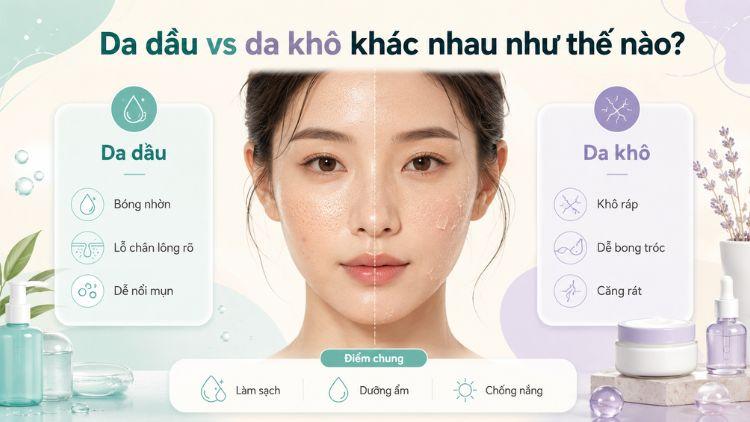 So sánh đặc điểm da dầu và da khô thường gặp