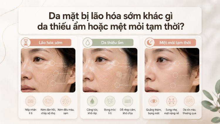 Phân biệt da lão hóa sớm với da thiếu ẩm