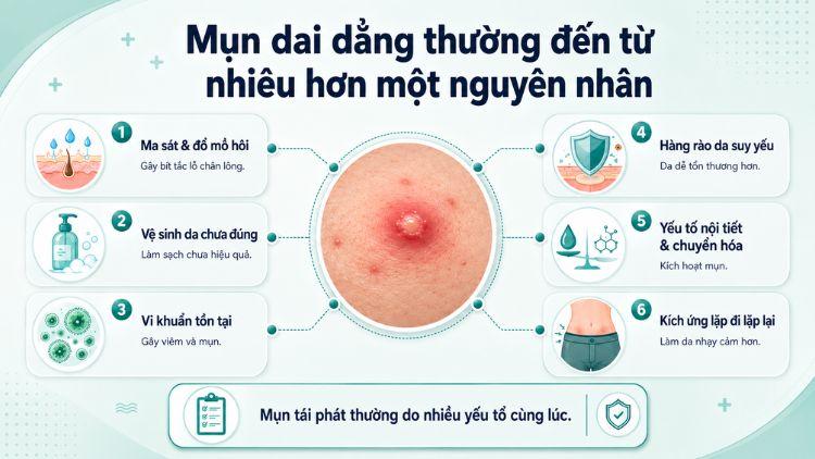 Mụn tái phát do viêm, dầu thừa và vi khuẩn