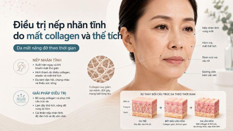 Nền da giảm collagen làm nếp nhăn hằn sâu