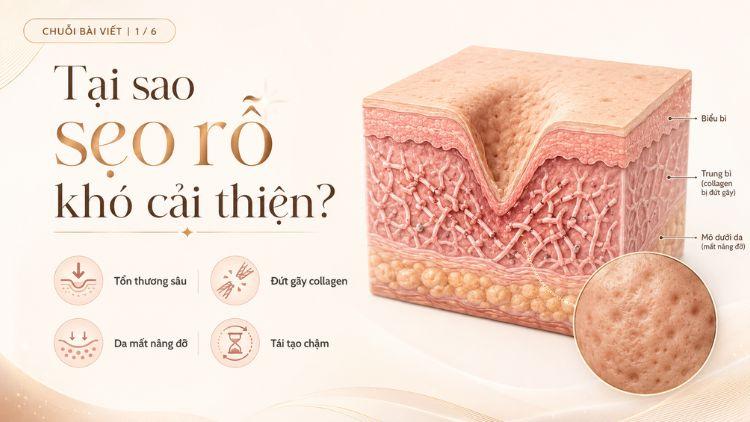 Sẹo rỗ hình thành do tổn thương collagen dưới da