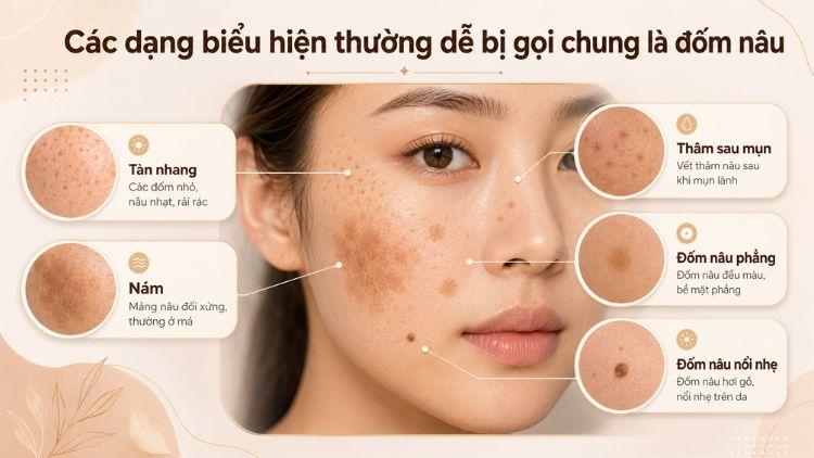 Các dạng đốm nâu thường gặp trên da mặt