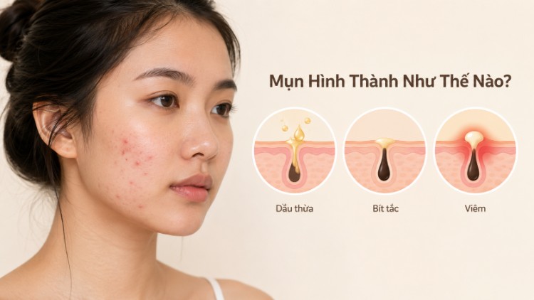 Mụn có thể hình thành khi dầu thừa và tế bào chết