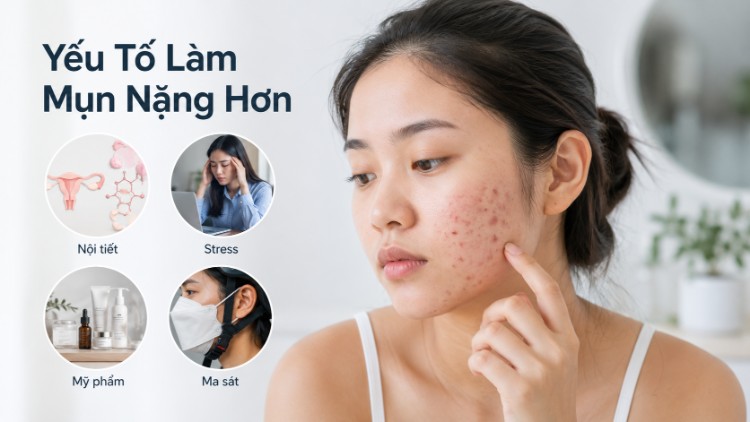 Các yếu tố nội tiết, căng thẳng, mỹ phẩm và ma sát làm mụn nặng hơn