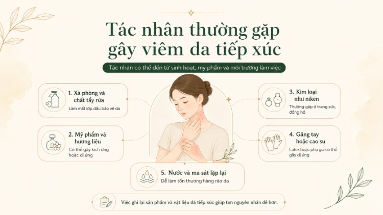 Các tác nhân gây viêm da tiếp xúc như mỹ phẩm, niken và chất tẩy rửa