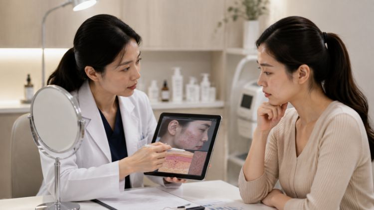 Bác sĩ đánh giá bệnh da, thuốc sử dụng và vùng dự kiến trẻ hóa