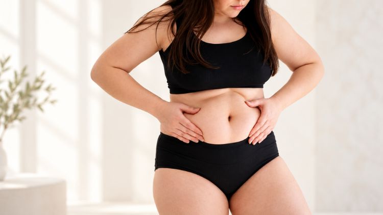 Bụng sau sinh còn lớn do mỡ tích tụ, da giãn và thành bụng cần hồi phục